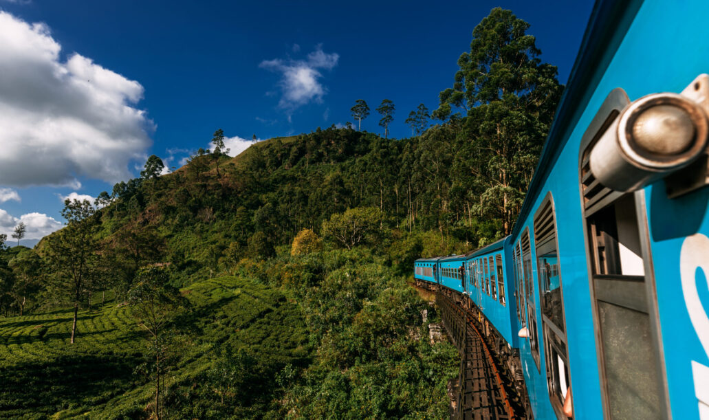 blue-train-in-sri-lanka-panorama-train-from-ella-2025-01-08-15-24-38-utc Blue train in Sri Lanka, panorama. Train from Ella in Nuwara Eliya in Sri Lanka island. Travel to Sri Lanka, the blue train travels through tea plantations. Traveling by train. Copy space